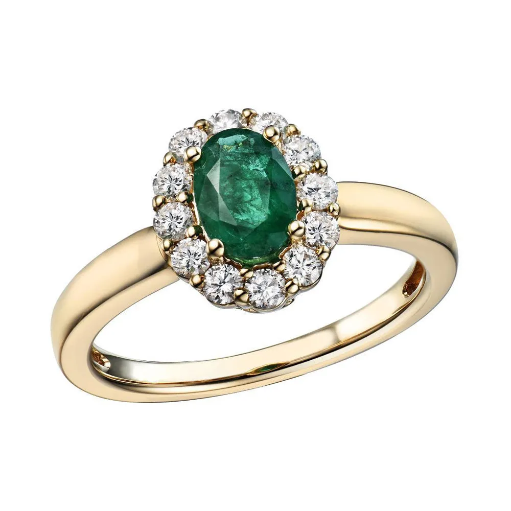 18ct Yellow Gold 0.82ct Oval Cut Emerald And 0.42ct Round Brilliant Cut Diamond Cluster Ring