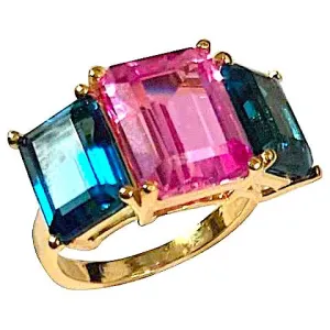 18kt Yellow Gold Mini Emerald Cut Ring with Pink Topaz and Blue Topaz