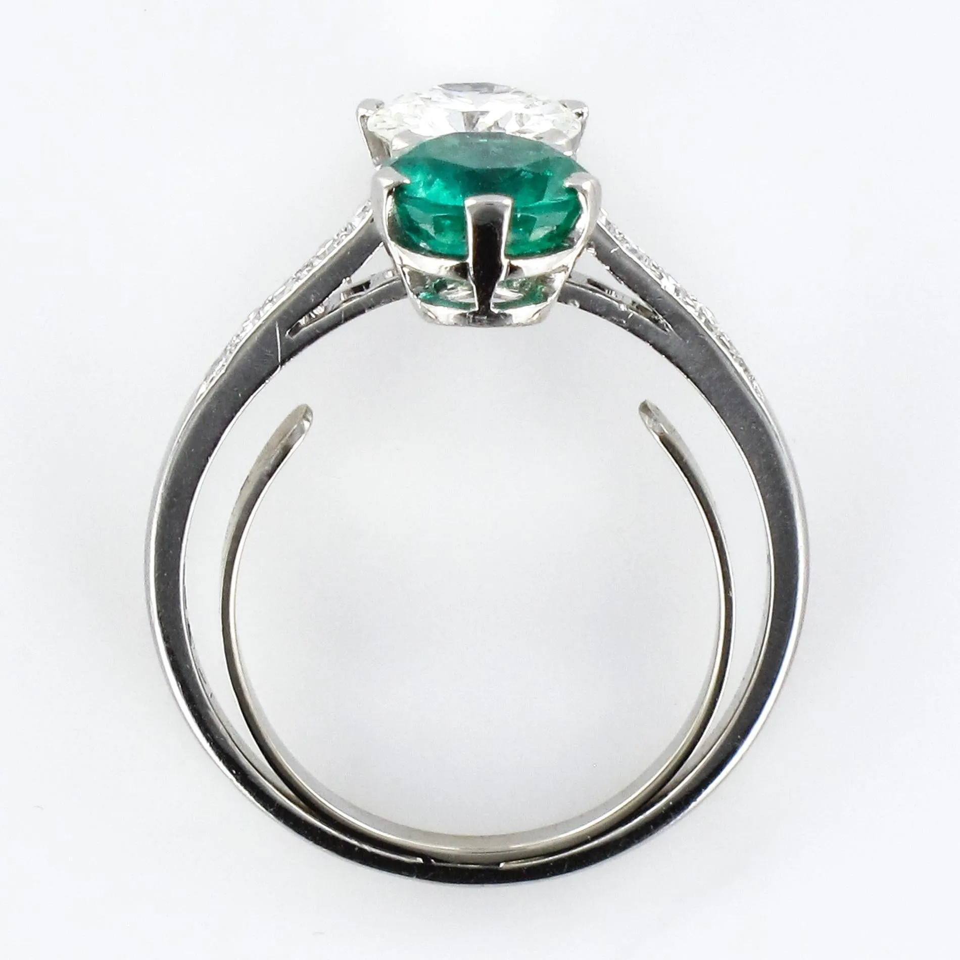 1930s French Platinum Art Deco Emerald Diamond "You and Me" Ring