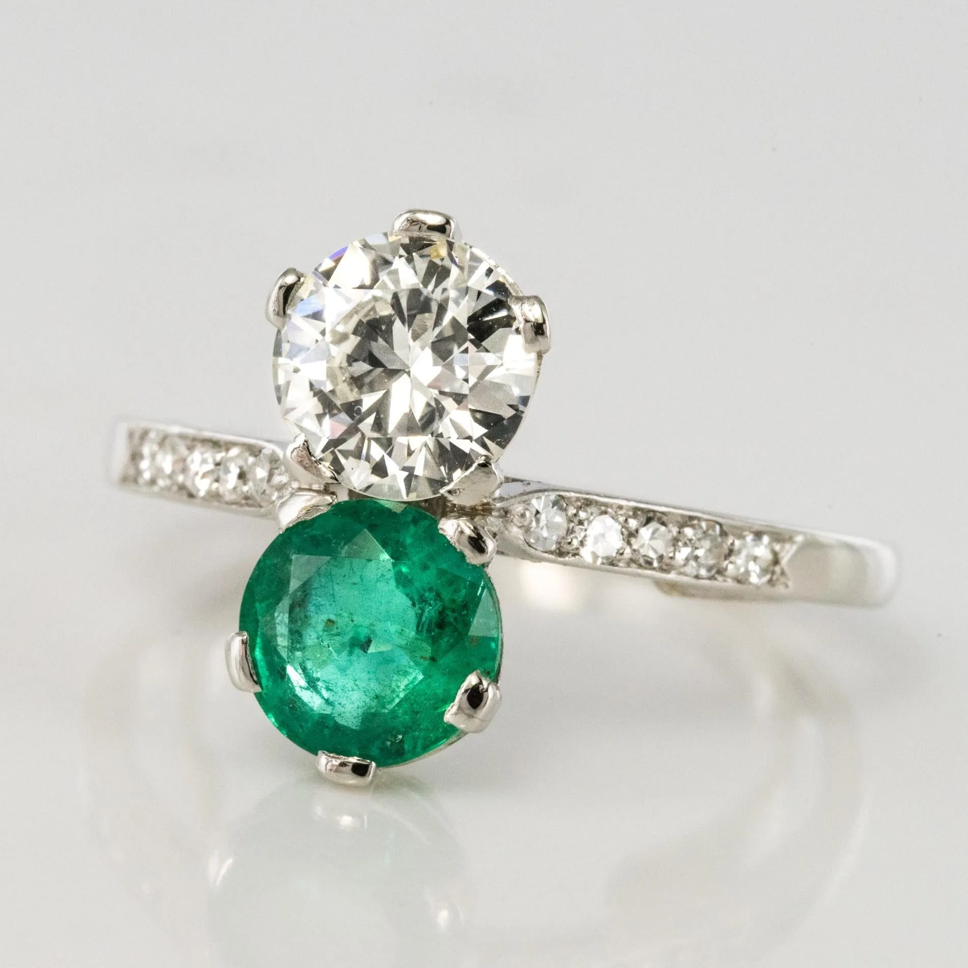 1930s French Platinum Art Deco Emerald Diamond "You and Me" Ring