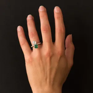 1930s French Platinum Art Deco Emerald Diamond "You and Me" Ring