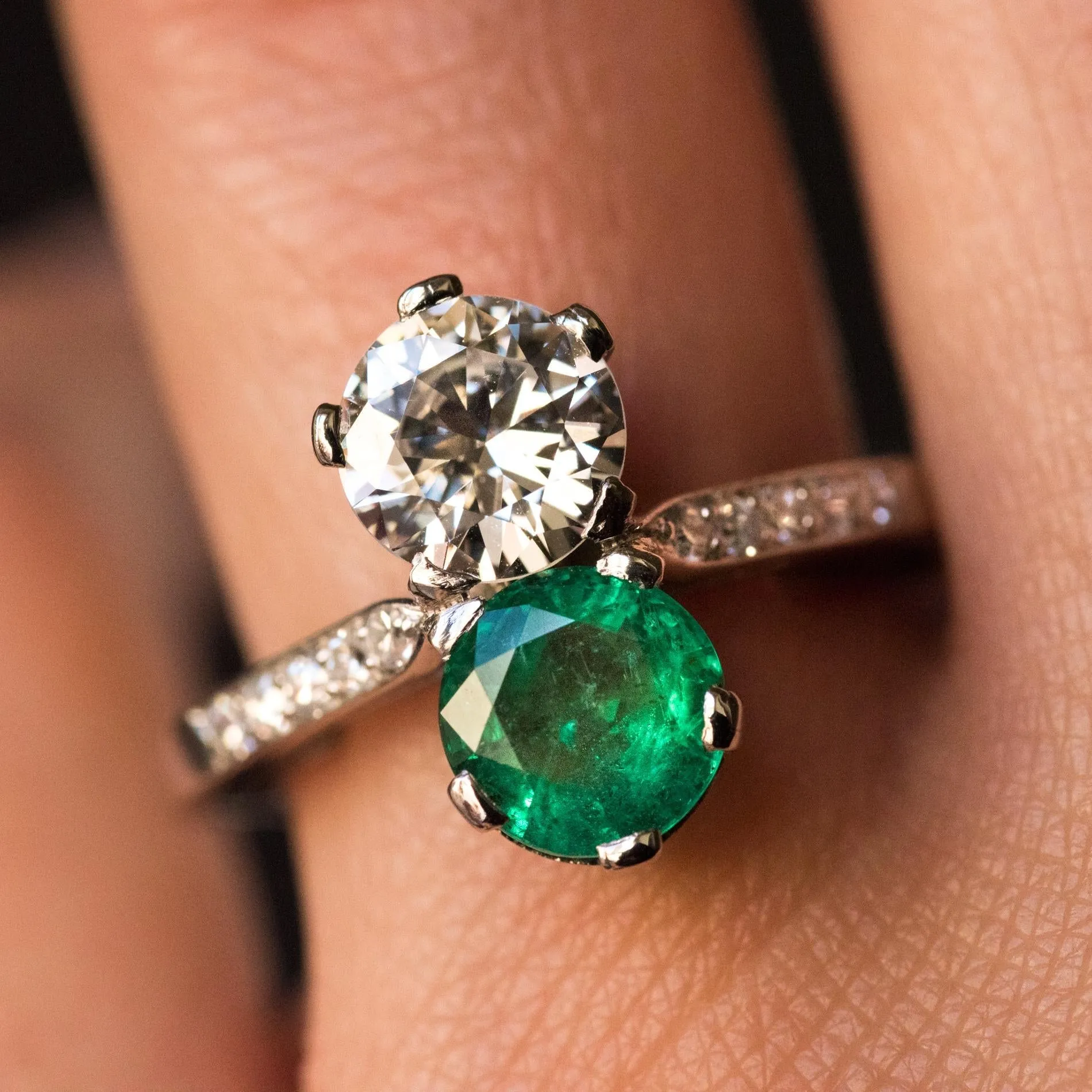 1930s French Platinum Art Deco Emerald Diamond "You and Me" Ring