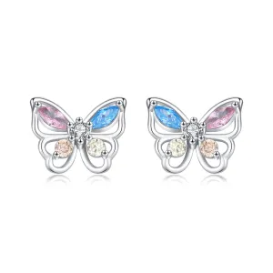 925 Sterling Silver Dopamine Color Butterfly Stud Earrings - Sweet and Delicate Korean Version