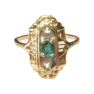 Antique Estate 14K Yellow Gold Emerald Diamond Filigree Ring