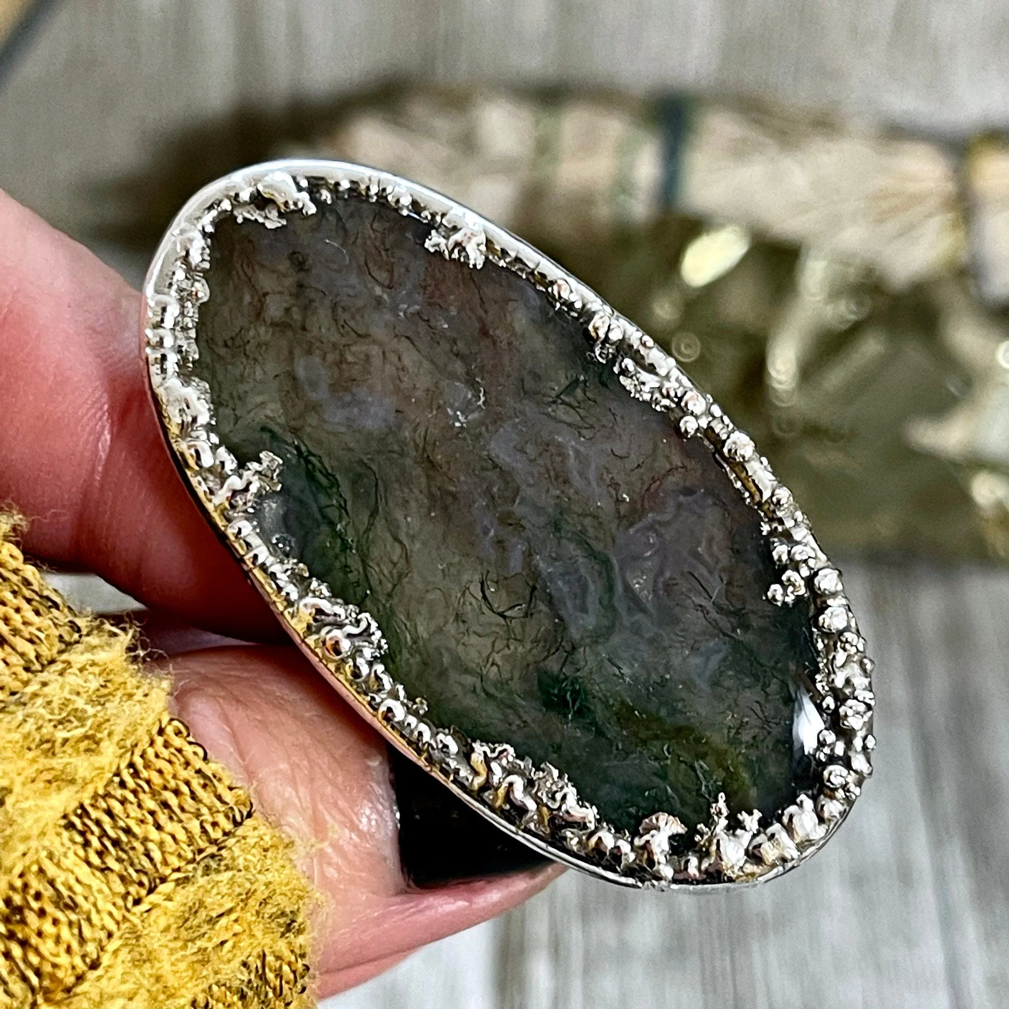 Big Size 8 Silver Natural Fancy Moss Agate Crystal Statement Ring / Foxlark Collection - One of a Kind