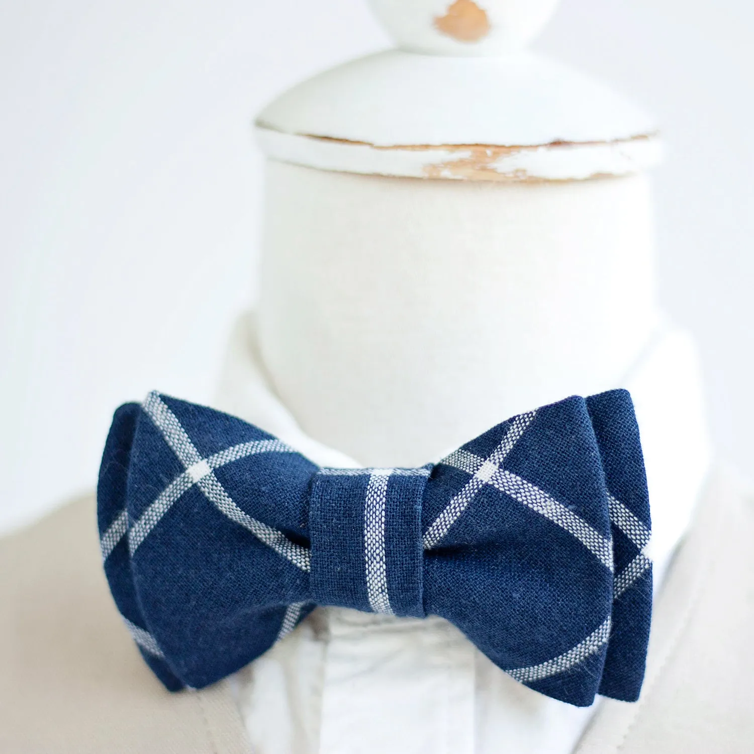 Classic Hair Bow Clip Or Headband / Navy Linen Window Pane