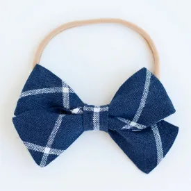 Classic Hair Bow Clip Or Headband / Navy Linen Window Pane