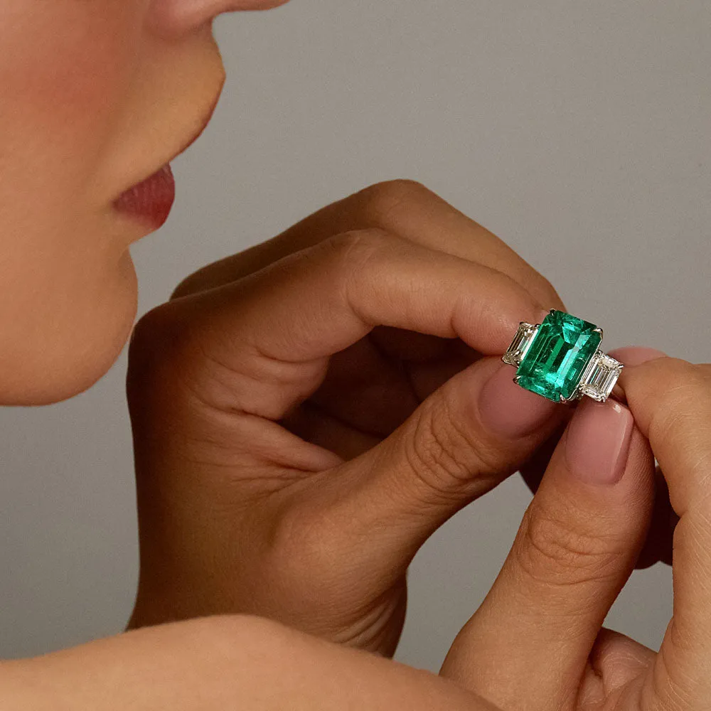 Emerald and Diamond Three Stone Ring