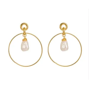 Gold Drop Hoop Earrings for Women with Simulated Pearl Drop