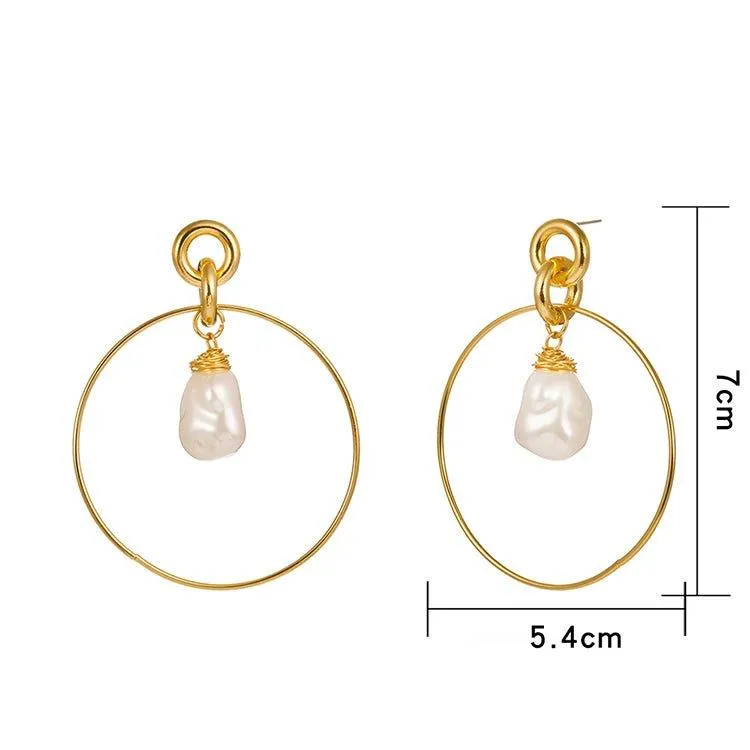 Gold Drop Hoop Earrings for Women with Simulated Pearl Drop