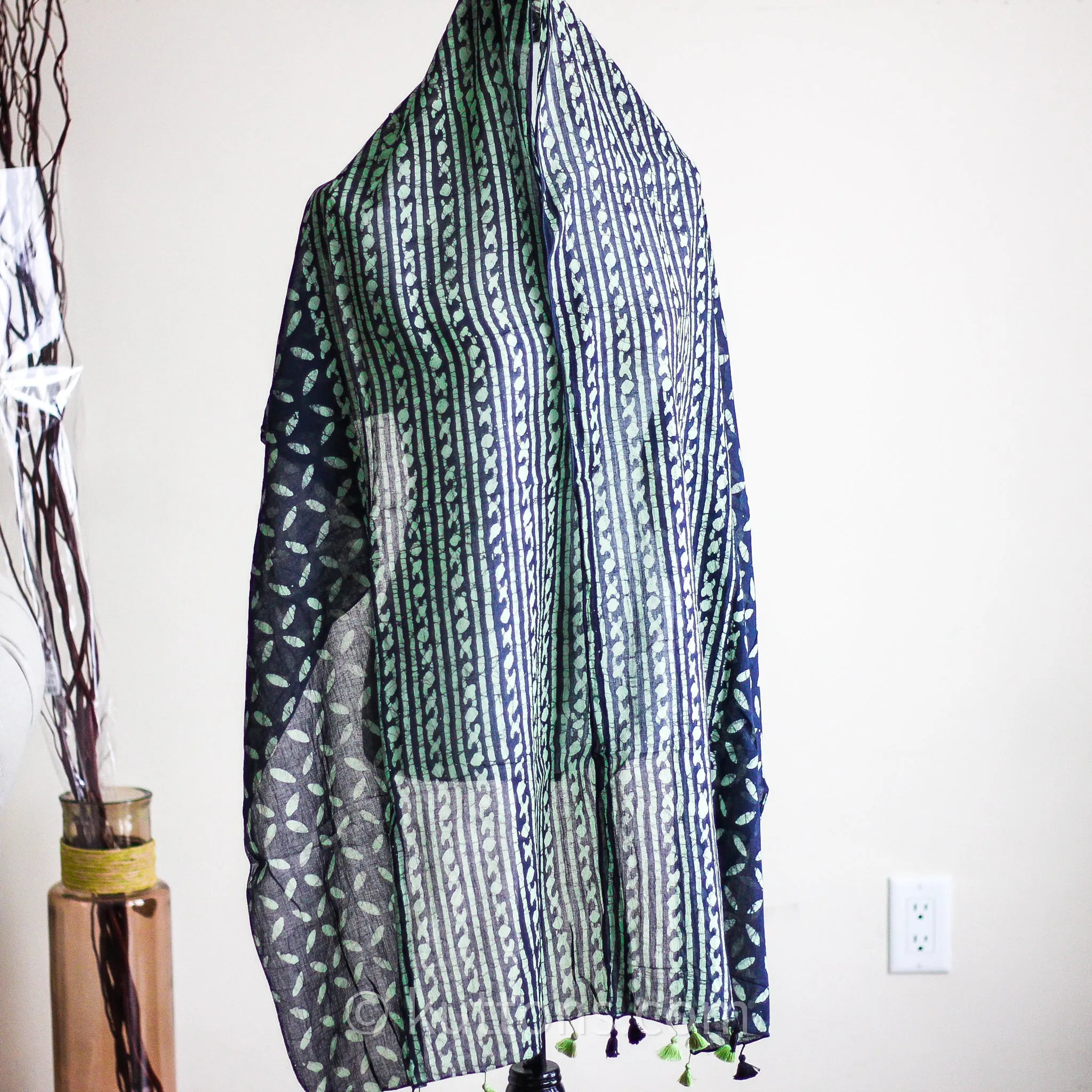 Hand Printed Batik Wrap in Cotton - Soft, Light & Airy Stole with Tassels | Black-Green, 21x80"