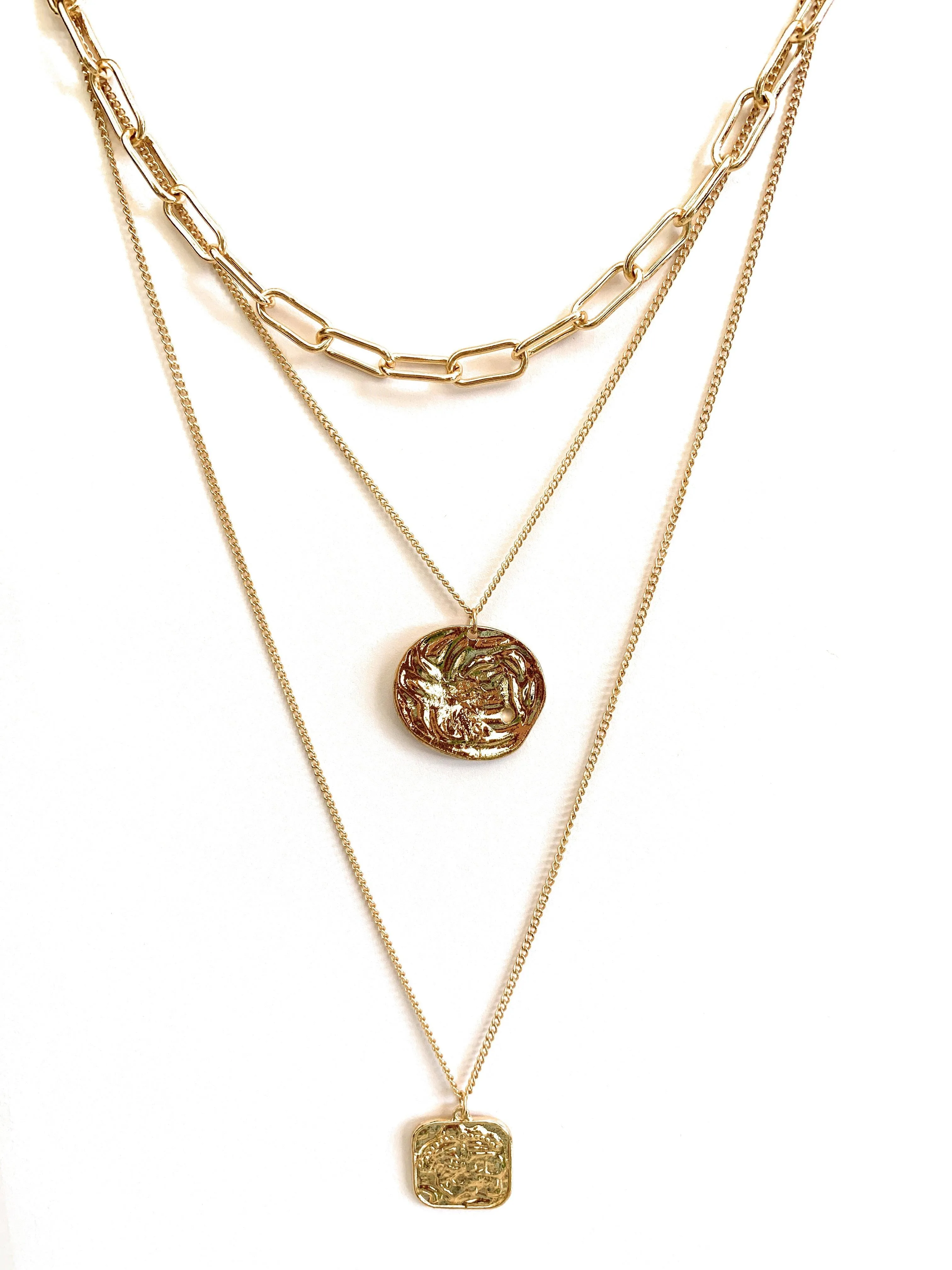 Multi Layered Necklace with Coin and Square Pendant