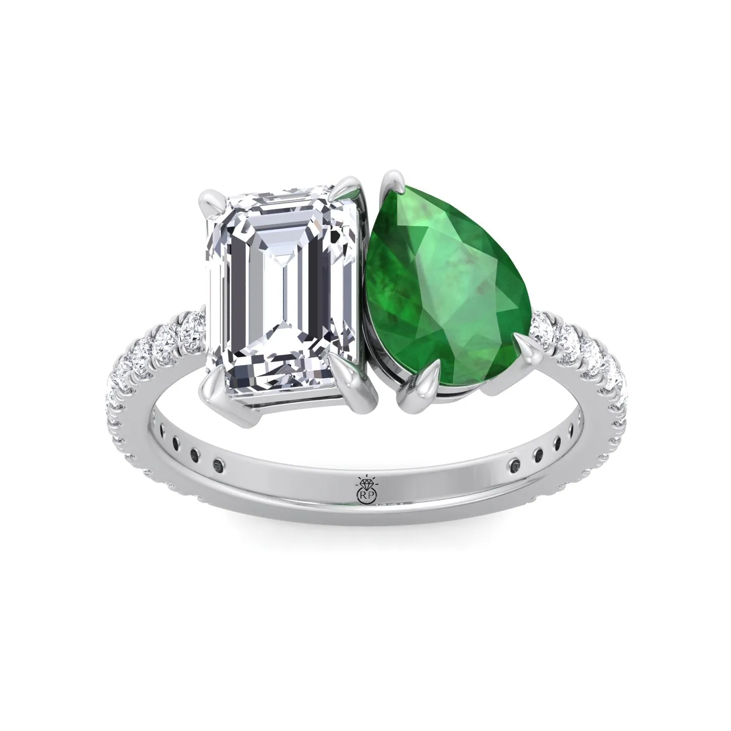 Pavia - Toi Et Moi Emerald & Green Pear Shape Engagement Ring With Pave Band