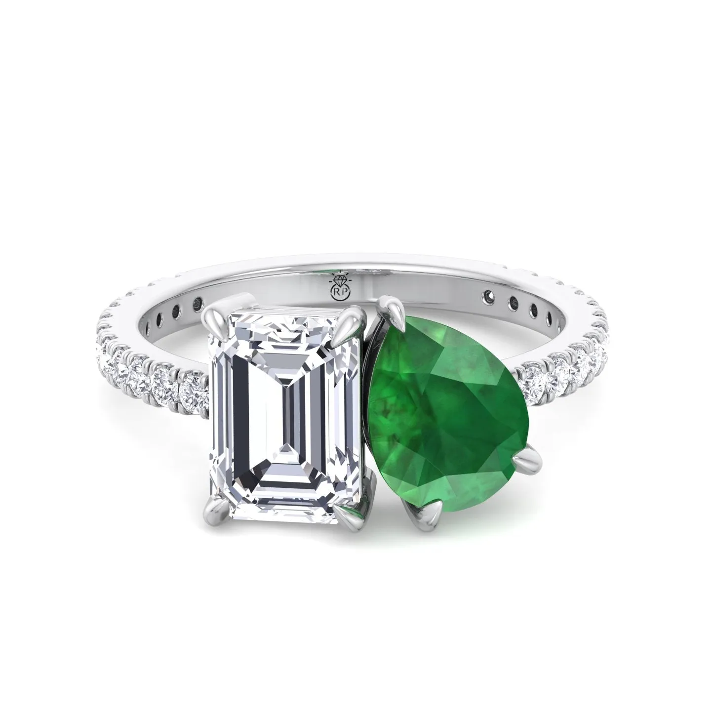 Pavia - Toi Et Moi Emerald & Green Pear Shape Engagement Ring With Pave Band