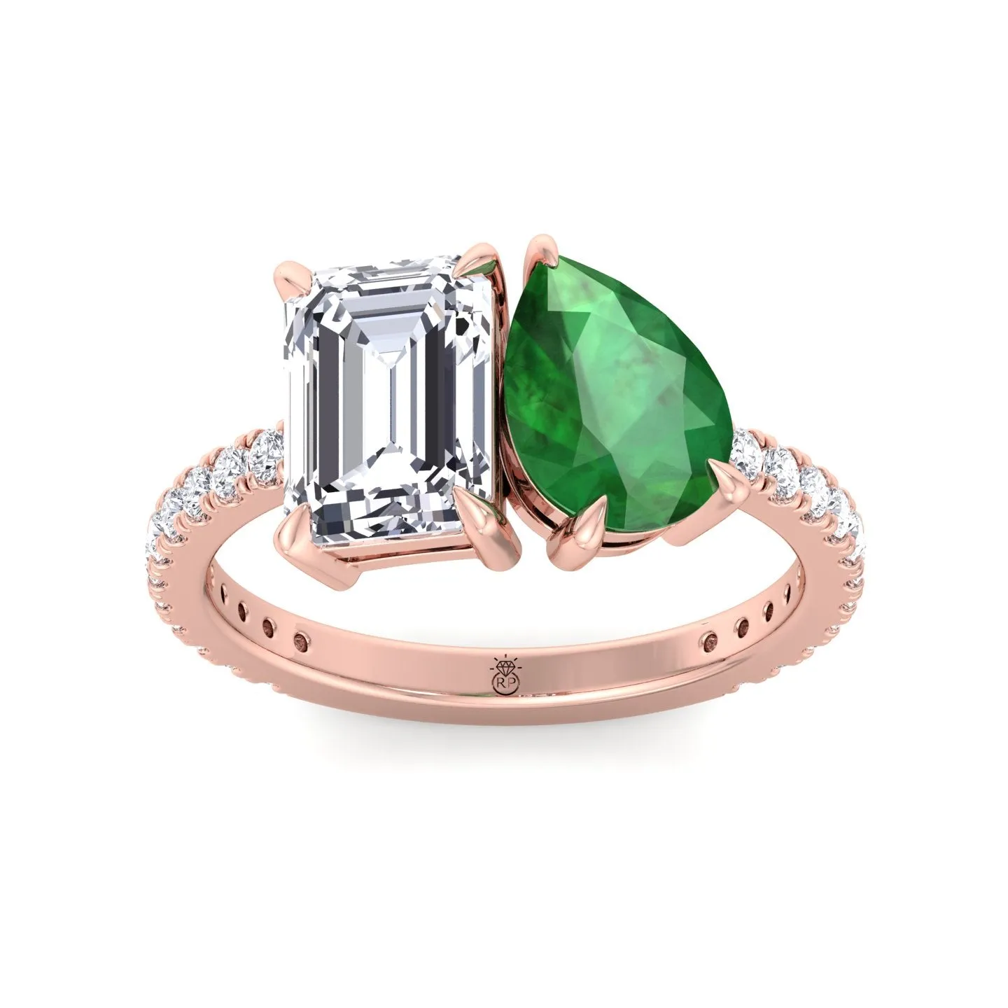 Pavia - Toi Et Moi Emerald & Green Pear Shape Engagement Ring With Pave Band