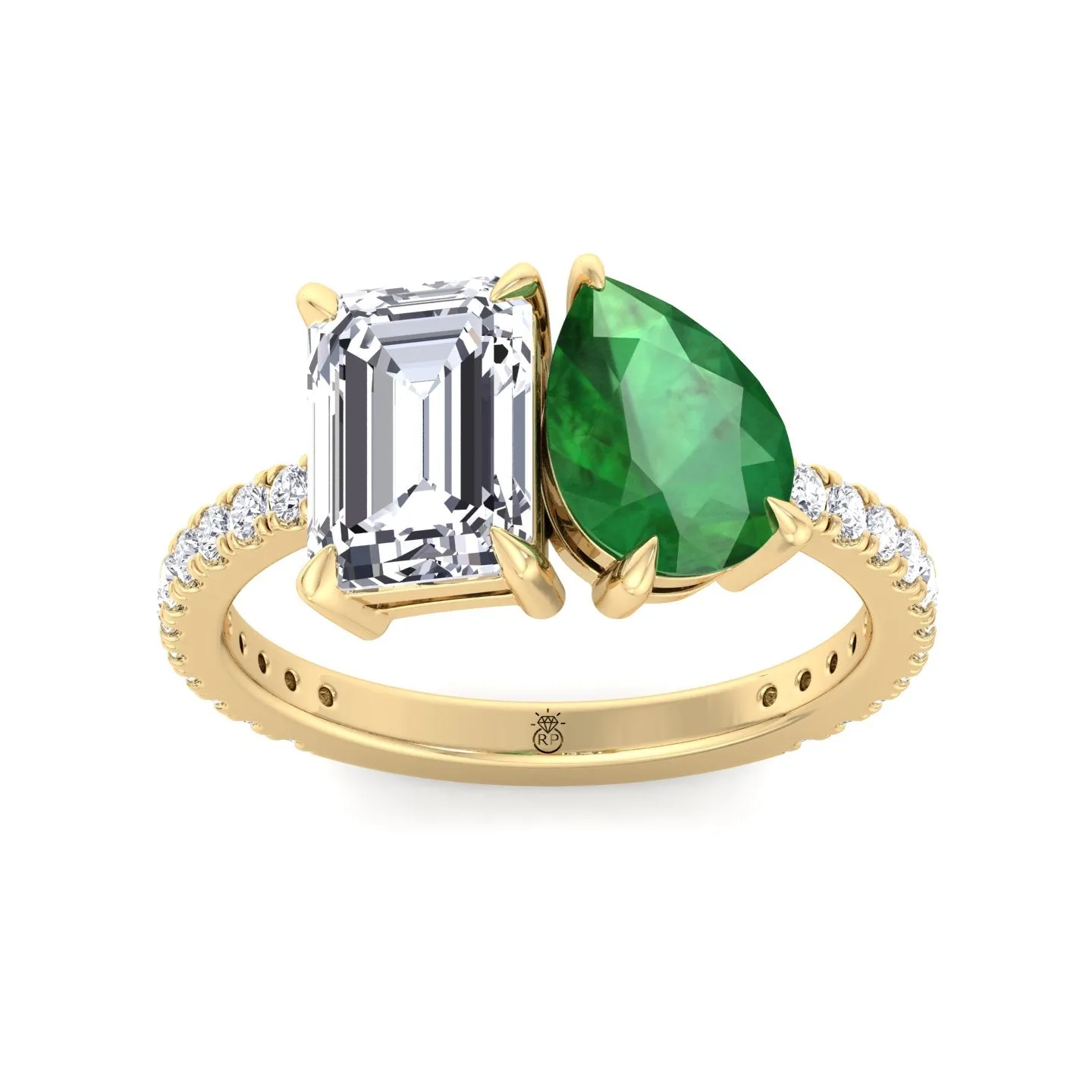 Pavia - Toi Et Moi Emerald & Green Pear Shape Engagement Ring With Pave Band