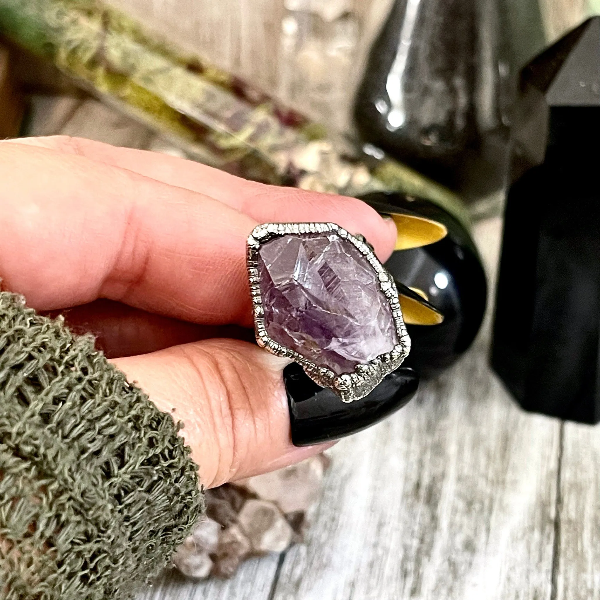 Raw Amethyst Purple Crystal Ring in Fine Silver Medium Size 5 6 7 8 9 // February Birthstone Jewelry