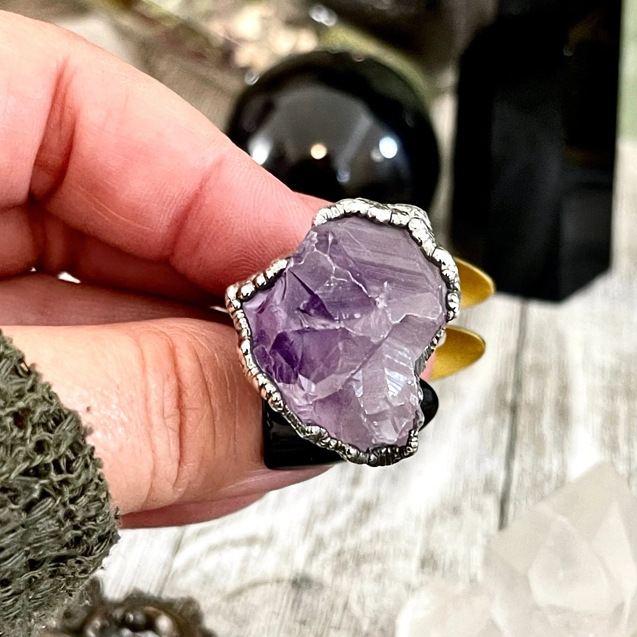 Raw Amethyst Purple Crystal Ring in Fine Silver Medium Size 5 6 7 8 9 // February Birthstone Jewelry