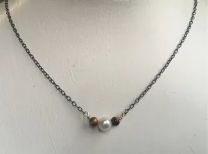 Real Pearls for Real Men! Single Pearl Choker on Chain with Tiger Eye