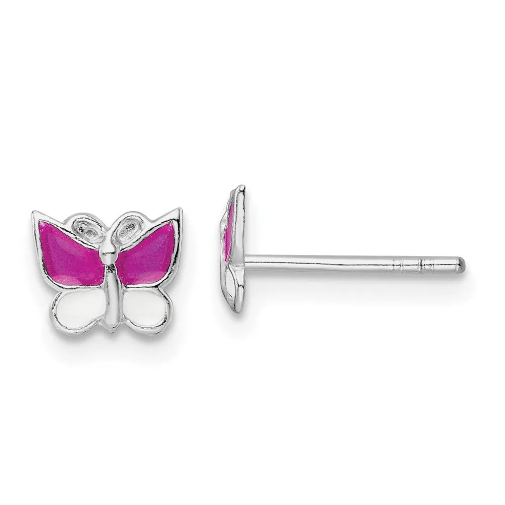 Rhodium-plated Silver Enamel Kids Butterfly Post Earrings