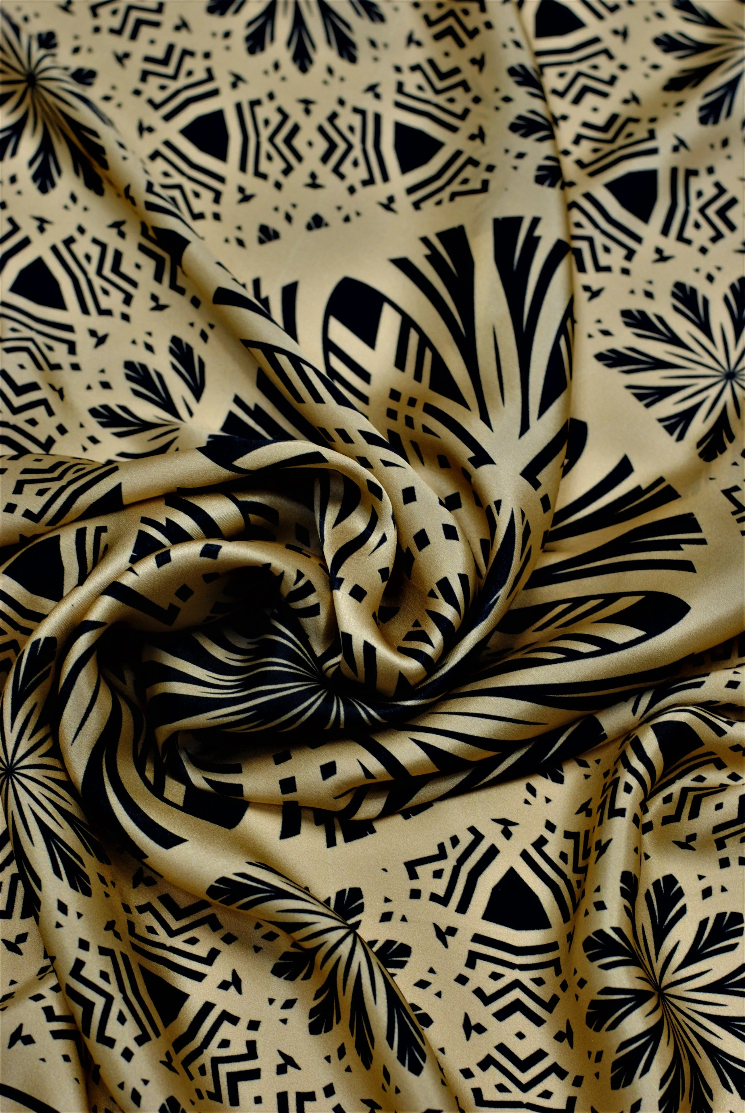 SERENITY Mandala 100% Silk Scarf in Beige Black