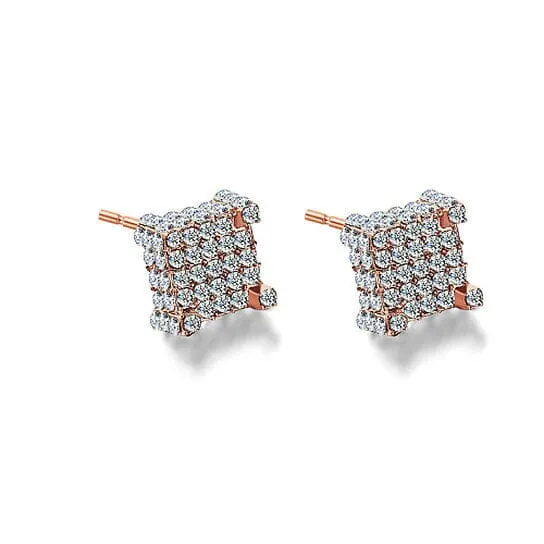 Silver Micro Pave Stud Earrings Clear Square 3D Sidestones