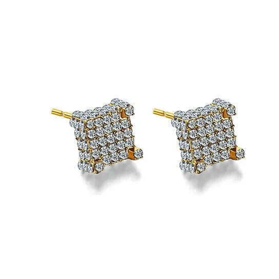 Silver Micro Pave Stud Earrings Clear Square 3D Sidestones