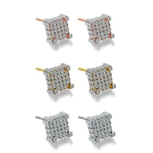 Silver Micro Pave Stud Earrings Clear Square 3D Sidestones