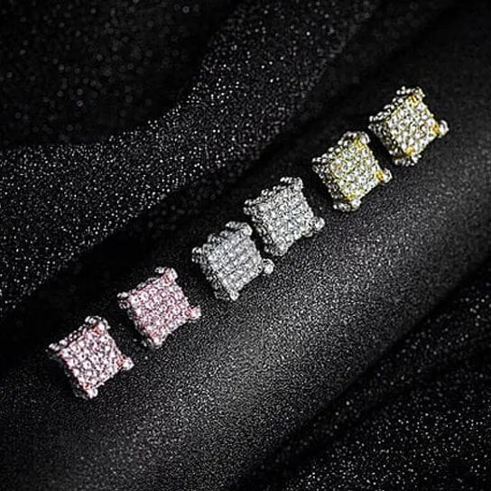 Silver Micro Pave Stud Earrings Clear Square 3D Sidestones