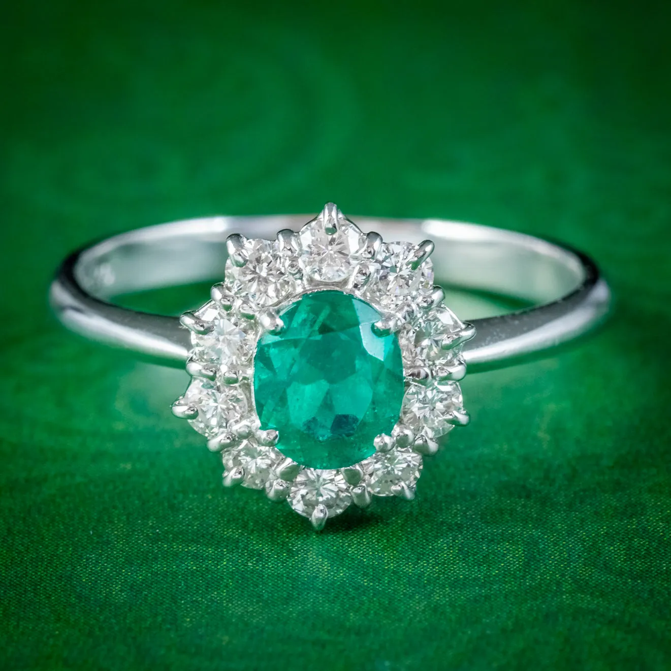 Vintage Emerald Diamond Cluster Ring Platinum 0.80ct Colombian Emerald With Cert